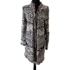 New Directions Womens Large Southwestern Fringe Longline Cardigan Sweater Blue